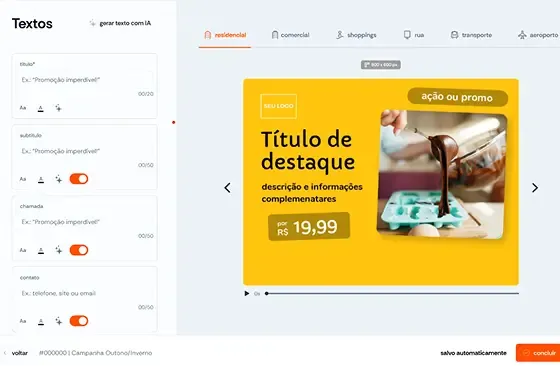 Tela do criador de anúncios com editor de texto e preview
